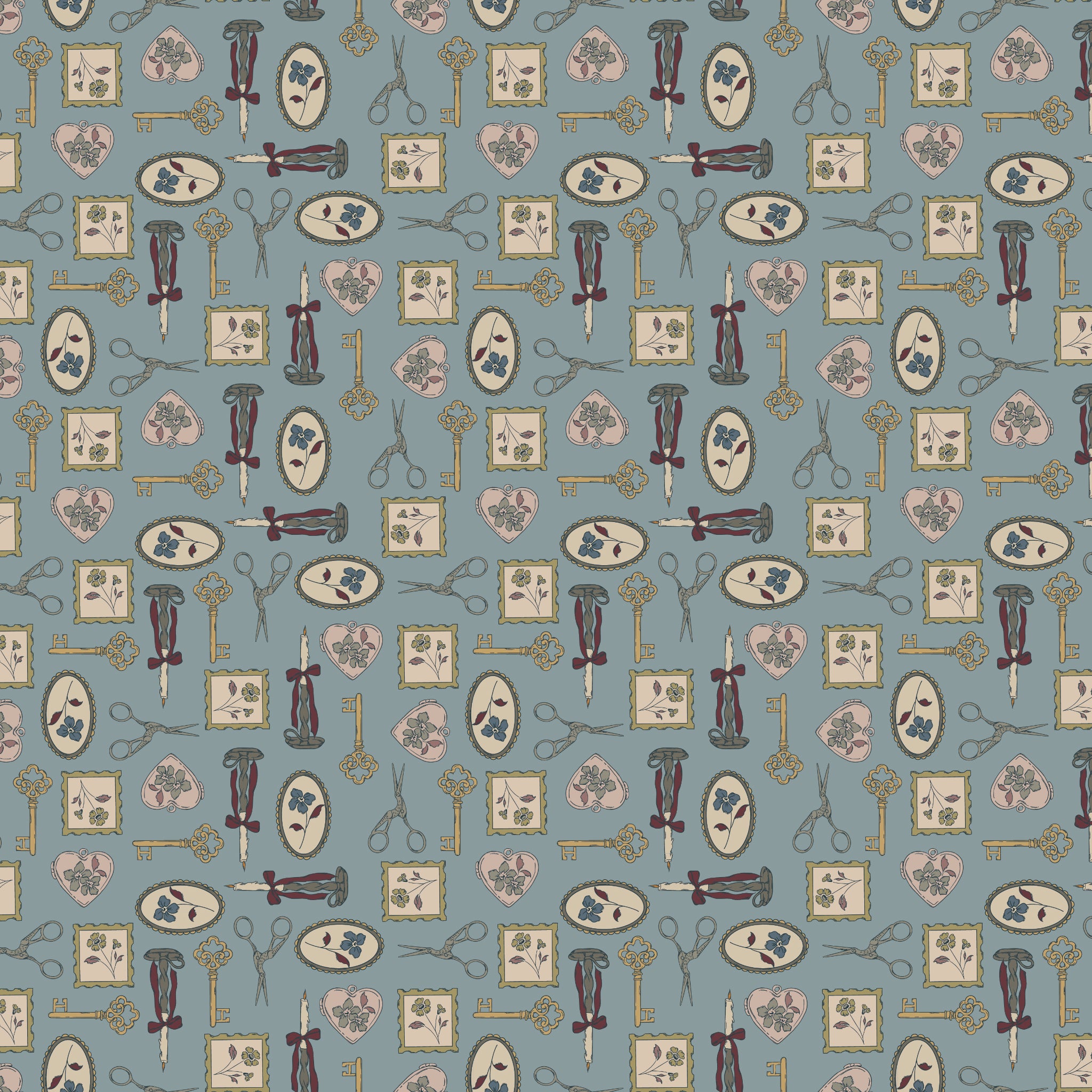 Charmed Storm fabric with golden keys, scissors, candlesticks, floral frames, and blush hearts on blue-gray.