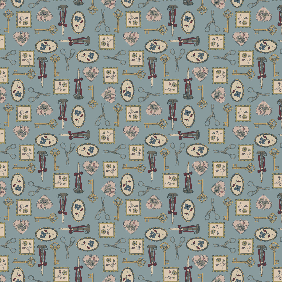 Charmed Storm fabric with golden keys, scissors, candlesticks, floral frames, and blush hearts on blue-gray.
