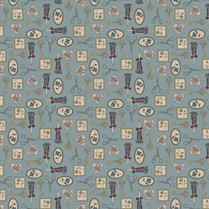 Charmed Storm fabric with golden keys, scissors, candlesticks, floral frames, and blush hearts on blue-gray.