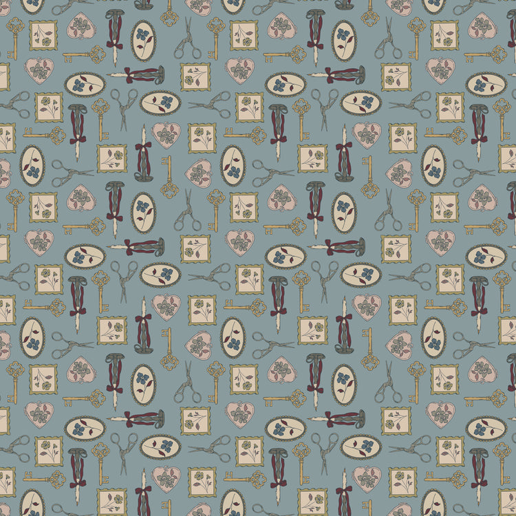 Charmed Storm fabric with golden keys, scissors, candlesticks, floral frames, and blush hearts on blue-gray.