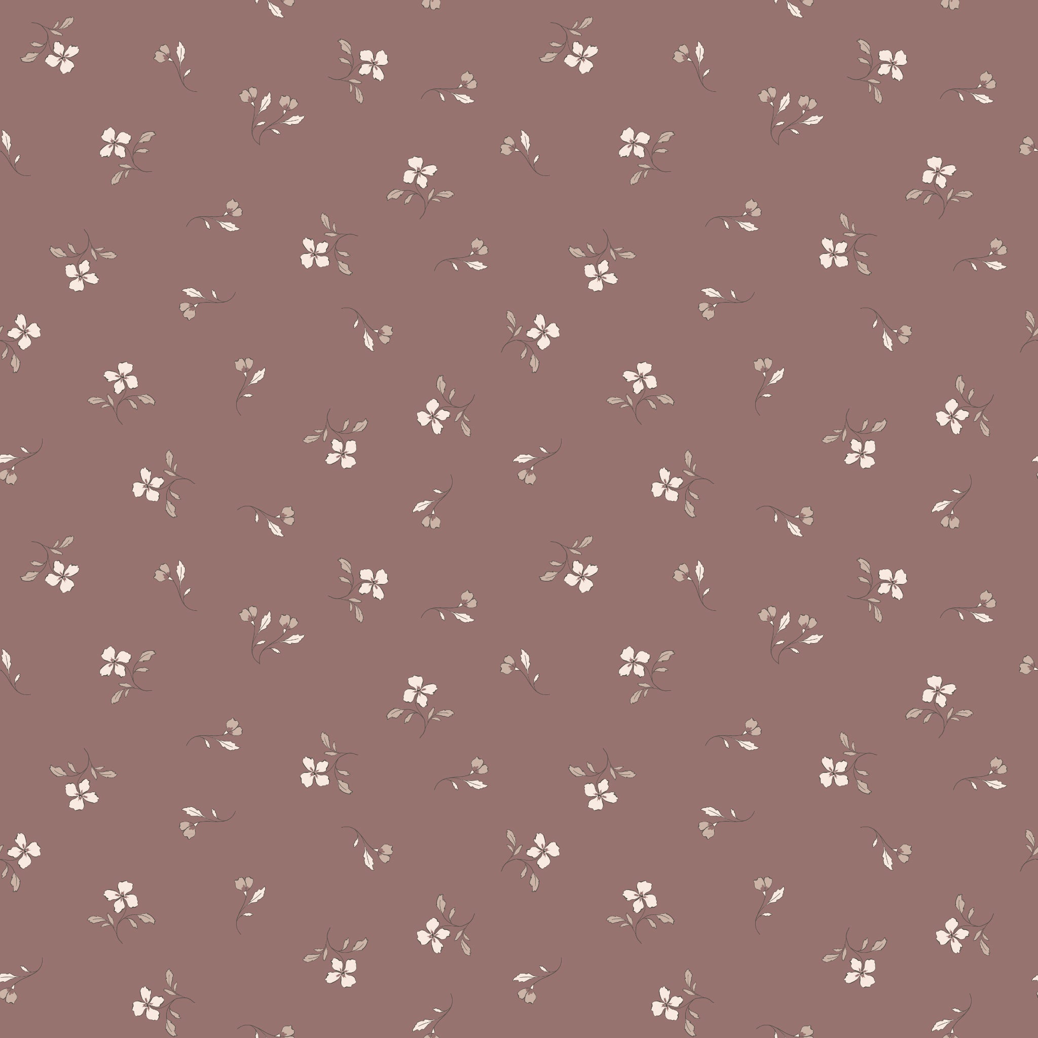 Iris Canyon Rose fabric with ivory flowers, taupe leaves, and delicate buds on a dusty rose background.
