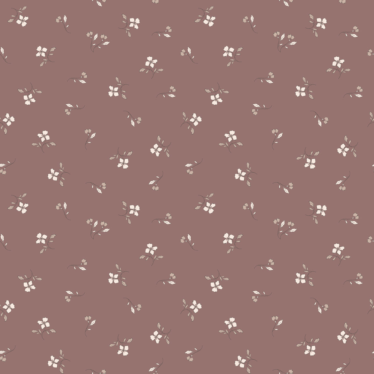 Iris Canyon Rose fabric with ivory flowers, taupe leaves, and delicate buds on a dusty rose background.