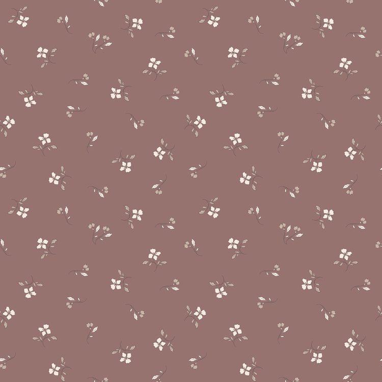 Iris Canyon Rose fabric with ivory flowers, taupe leaves, and delicate buds on a dusty rose background.