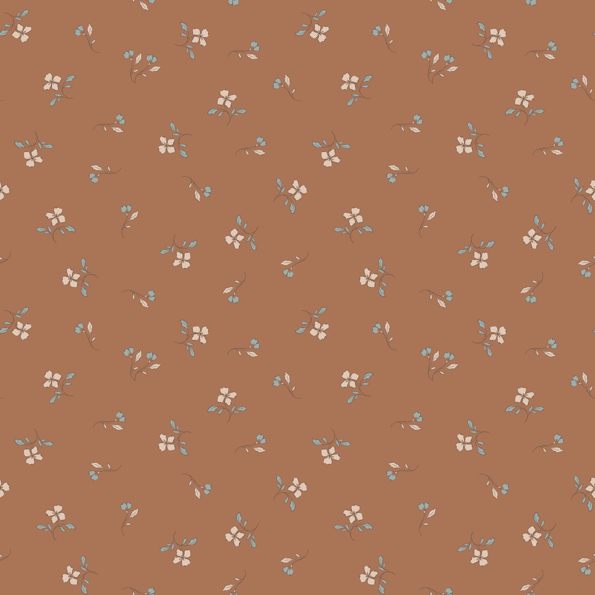 Iris Clay fabric with cream flowers, blue-gray leaves, and tiny buds scattered on warm terracotta.
