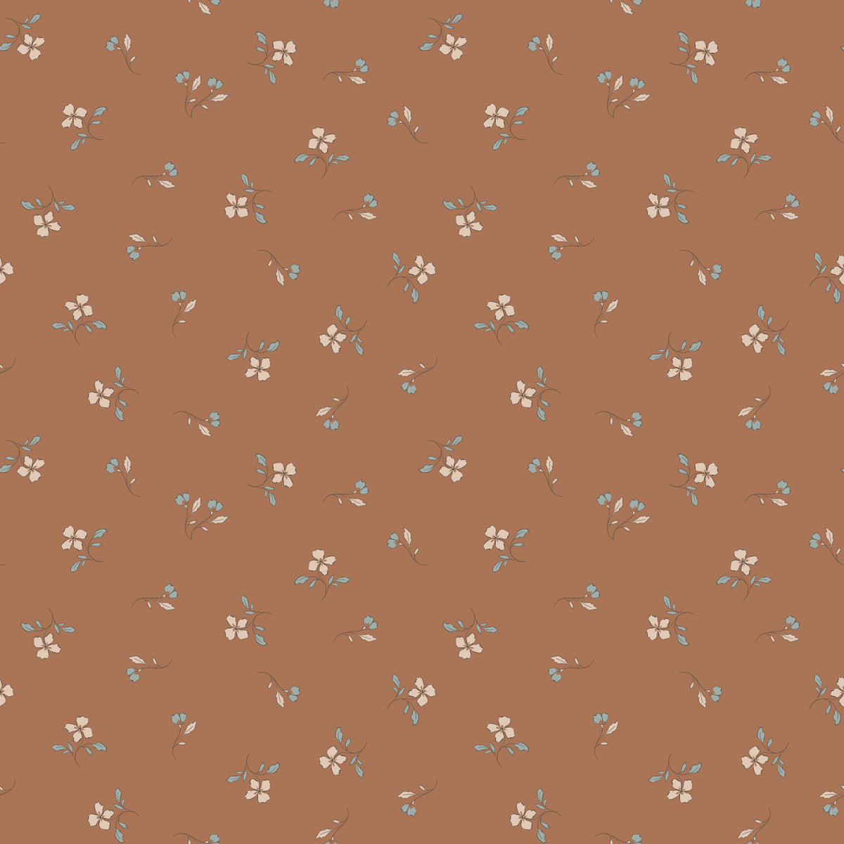 Iris Clay fabric with cream flowers, blue-gray leaves, and tiny buds scattered on warm terracotta.