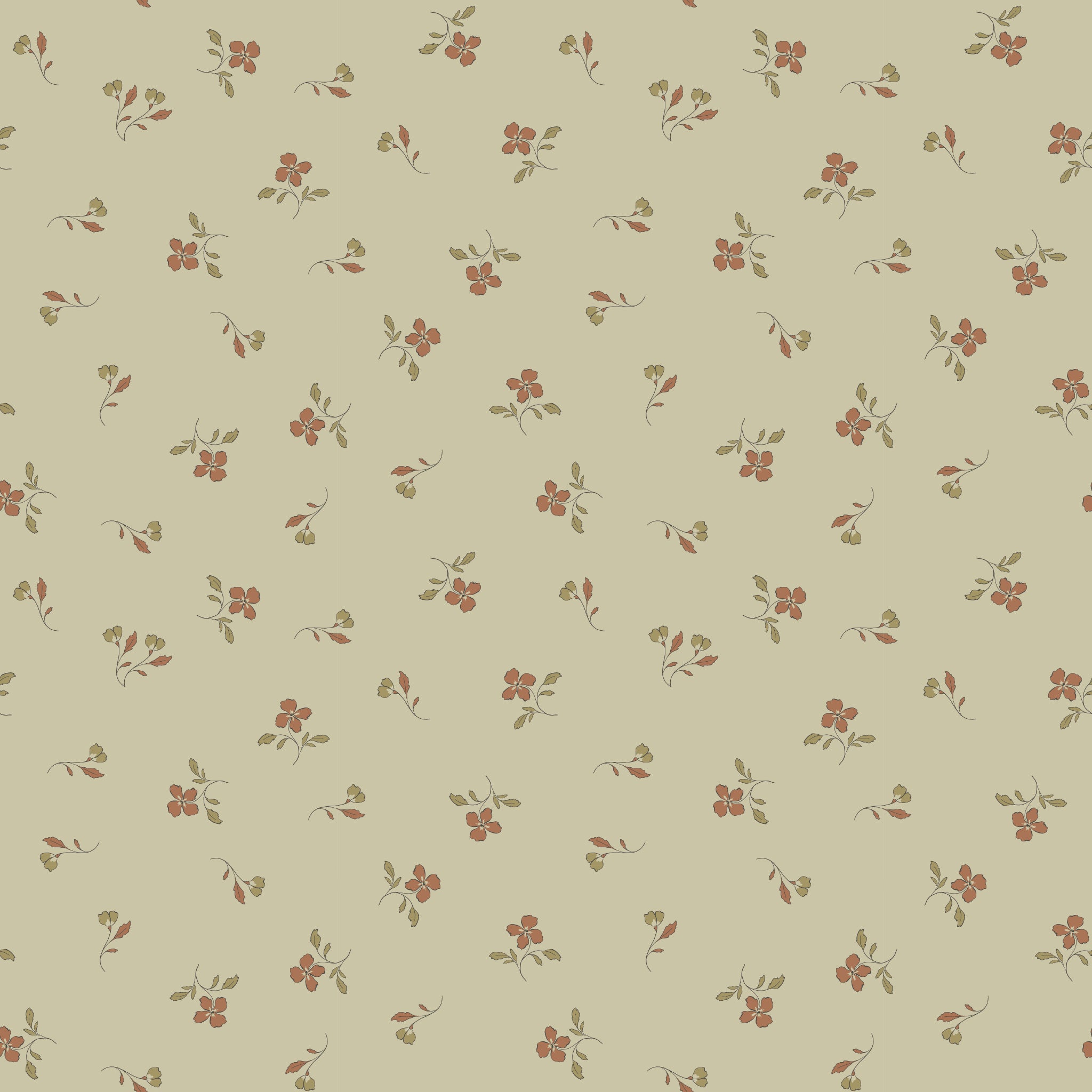 Iris Meadow fabric with rust-colored flowers and olive leaves scattered on pale yellow-green.