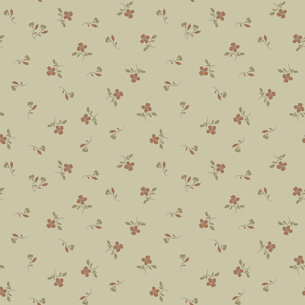 Iris Meadow fabric with rust-colored flowers and olive leaves scattered on pale yellow-green.