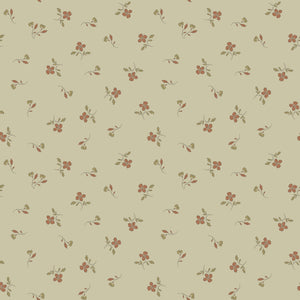 Iris Meadow fabric with rust-colored flowers and olive leaves scattered on pale yellow-green.