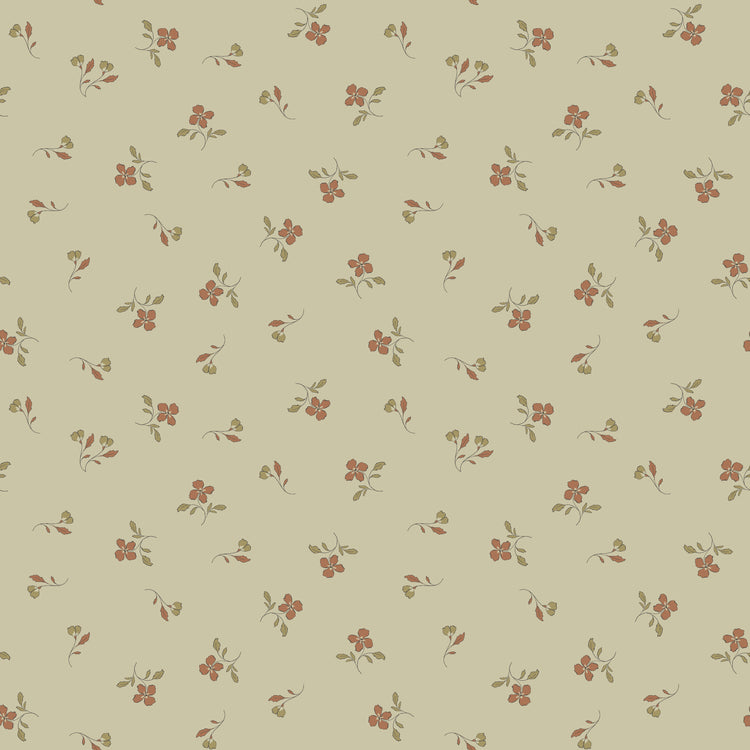 Iris Meadow fabric with rust-colored flowers and olive leaves scattered on pale yellow-green.
