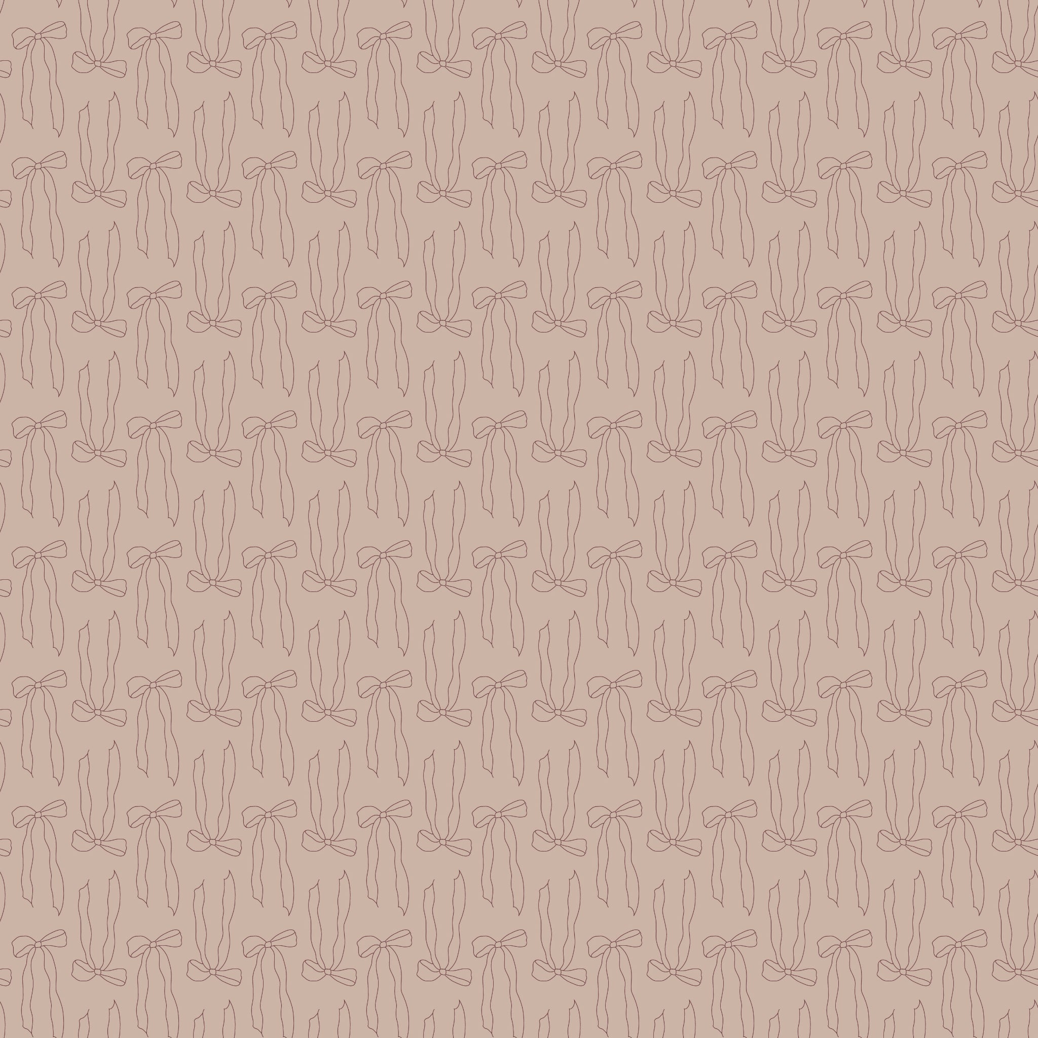 Bows Doe fabric with fine brown ribbon bow outlines and long flowing tails on rosy taupe.