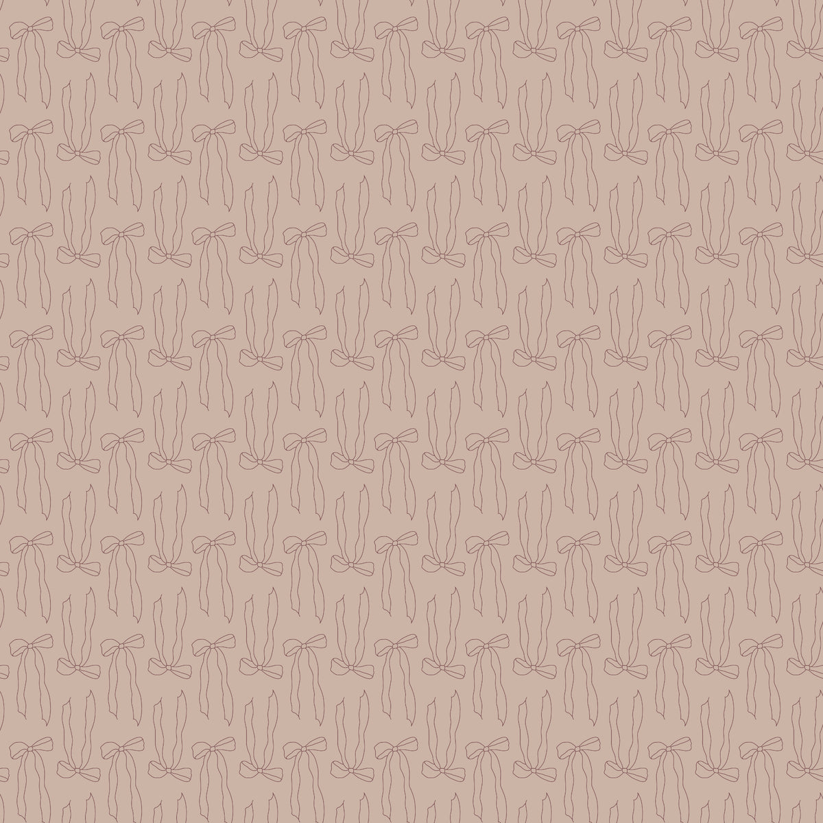Bows Doe fabric with fine brown ribbon bow outlines and long flowing tails on rosy taupe.