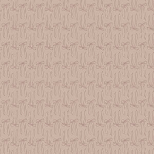 Bows Doe fabric with fine brown ribbon bow outlines and long flowing tails on rosy taupe.