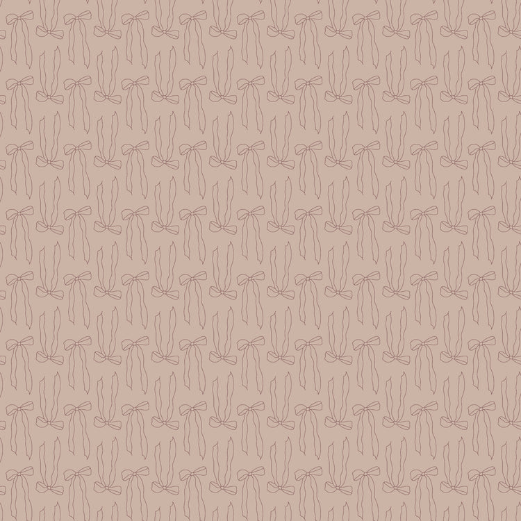Bows Doe fabric with fine brown ribbon bow outlines and long flowing tails on rosy taupe.