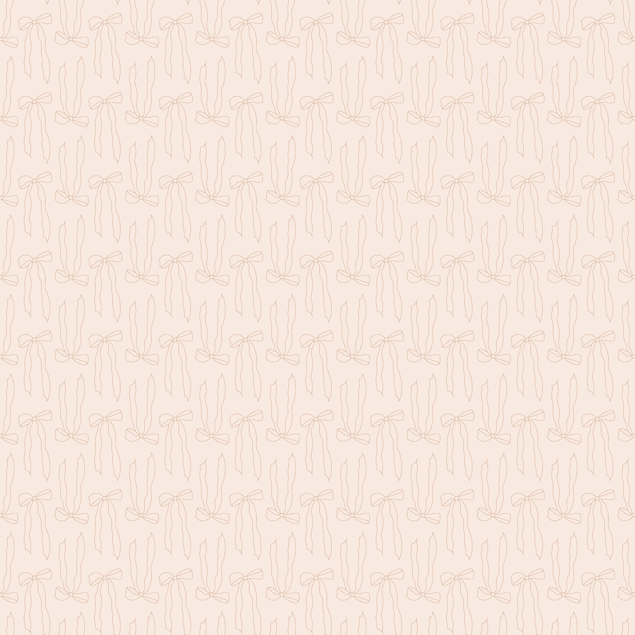 Bows Latte fabric with pale peach outlines of ribbon bows and trailing tails on creamy ivory.