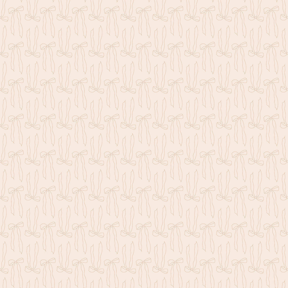 Bows Latte fabric with pale peach outlines of ribbon bows and trailing tails on creamy ivory.