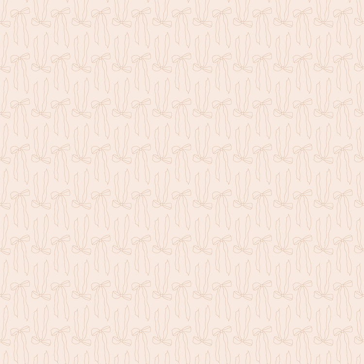 Bows Latte fabric with pale peach outlines of ribbon bows and trailing tails on creamy ivory.