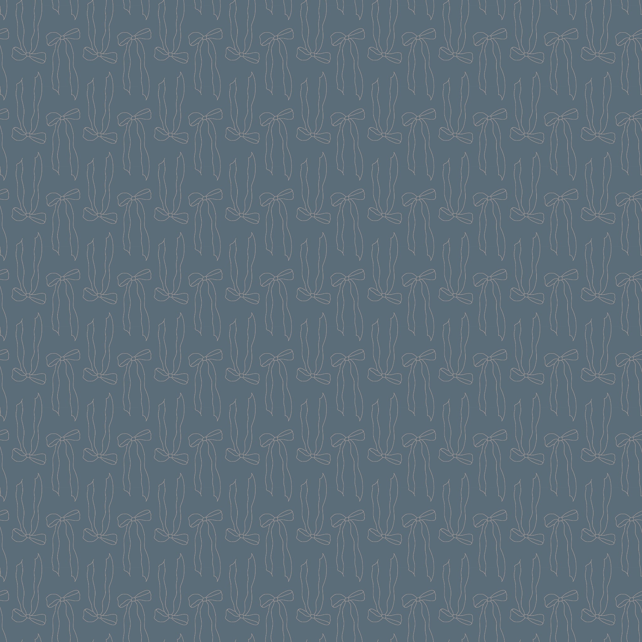 Bows Thunder fabric with slender taupe ribbon bow outlines and flowing tails on smoky blue-gray.