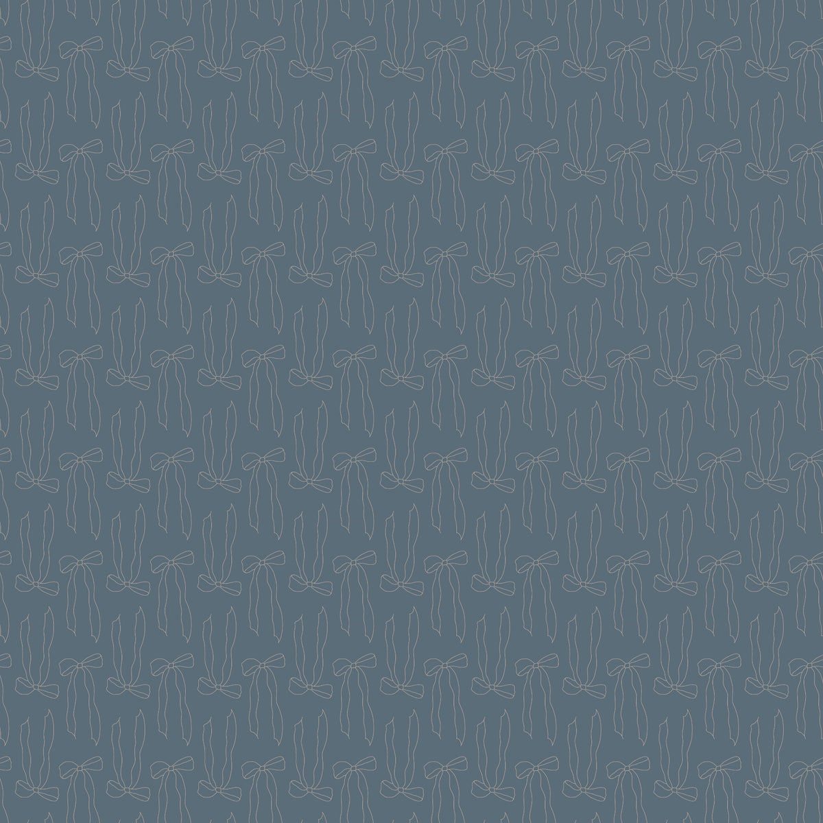 Bows Thunder fabric with slender taupe ribbon bow outlines and flowing tails on smoky blue-gray.