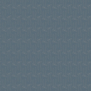 Bows Thunder fabric with slender taupe ribbon bow outlines and flowing tails on smoky blue-gray.