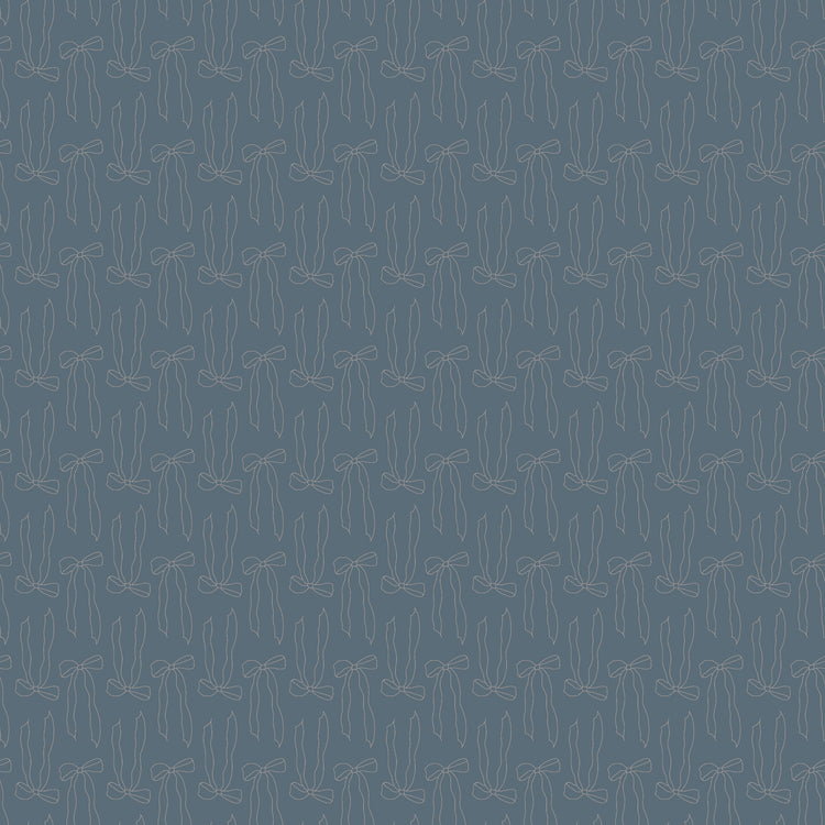 Bows Thunder fabric with slender taupe ribbon bow outlines and flowing tails on smoky blue-gray.