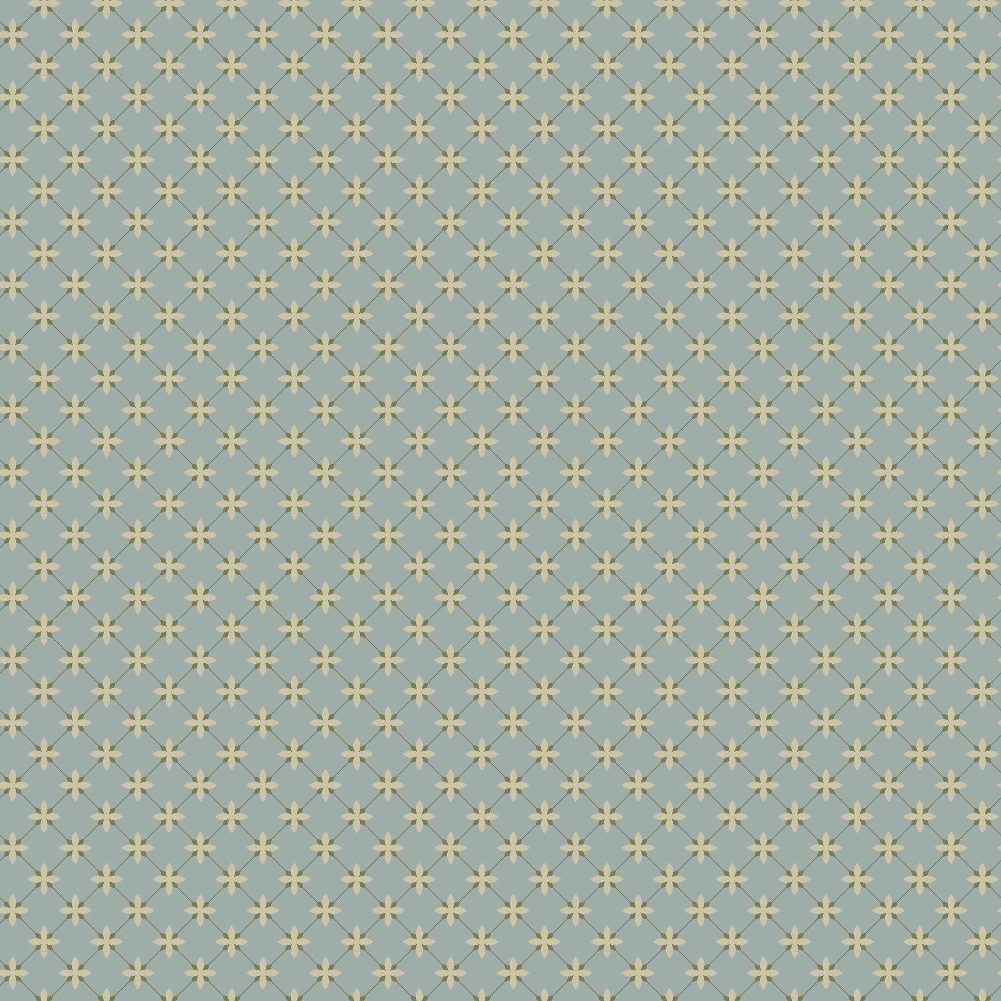 Stella Dove fabric with pale yellow four-petal flowers and an olive diamond lattice on blue-gray.