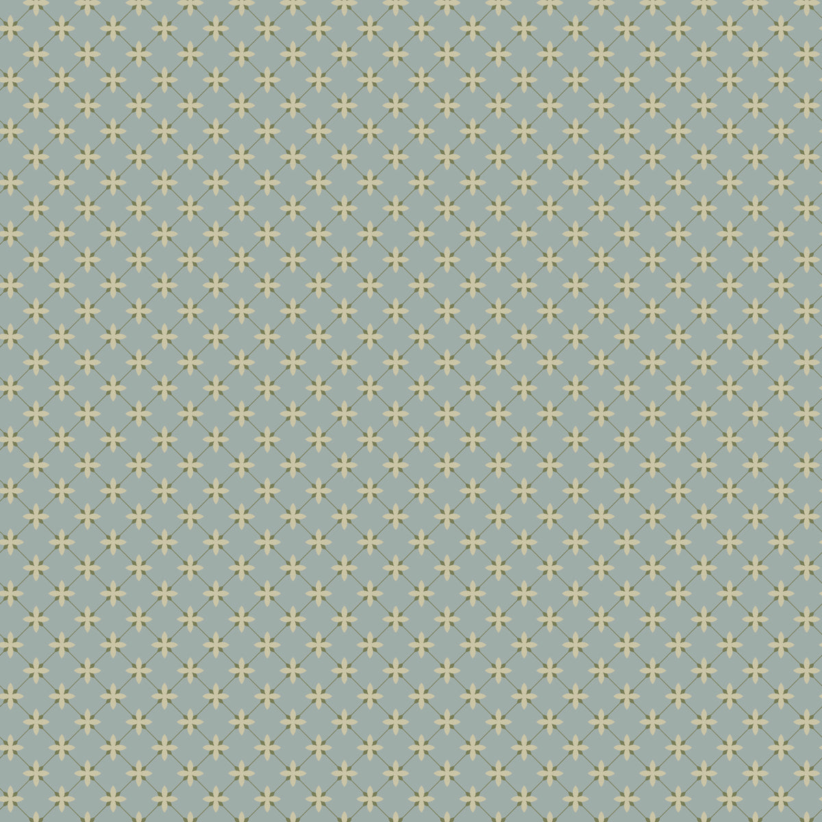 Stella Dove fabric with pale yellow four-petal flowers and an olive diamond lattice on blue-gray.