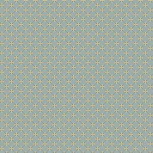 Stella Dove fabric with pale yellow four-petal flowers and an olive diamond lattice on blue-gray.