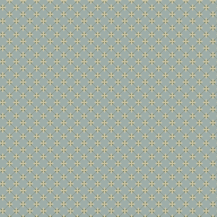 Stella Dove fabric with pale yellow four-petal flowers and an olive diamond lattice on blue-gray.