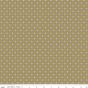 Stella Lemongrass fabric with blush flowers and a dark blue-gray diamond lattice on golden olive with ruler for scale.