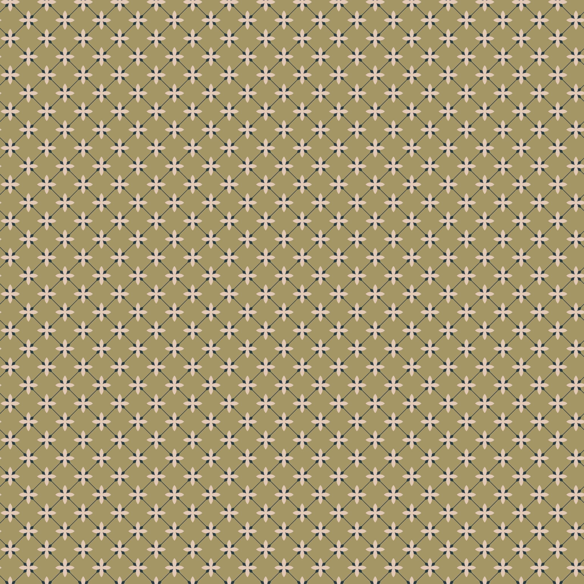 Stella Lemongrass fabric with blush flowers and a dark blue-gray diamond lattice on golden olive.