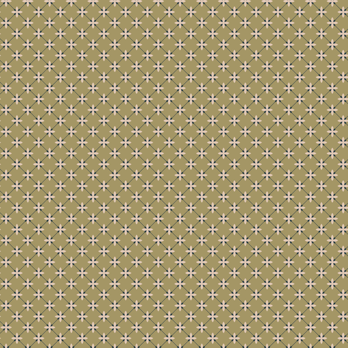 Stella Lemongrass fabric with blush flowers and a dark blue-gray diamond lattice on golden olive.