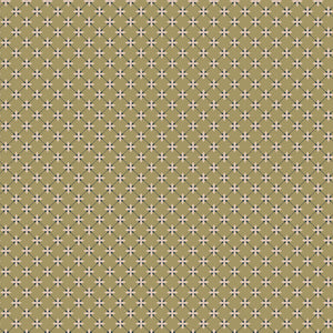 Stella Lemongrass fabric with blush flowers and a dark blue-gray diamond lattice on golden olive.