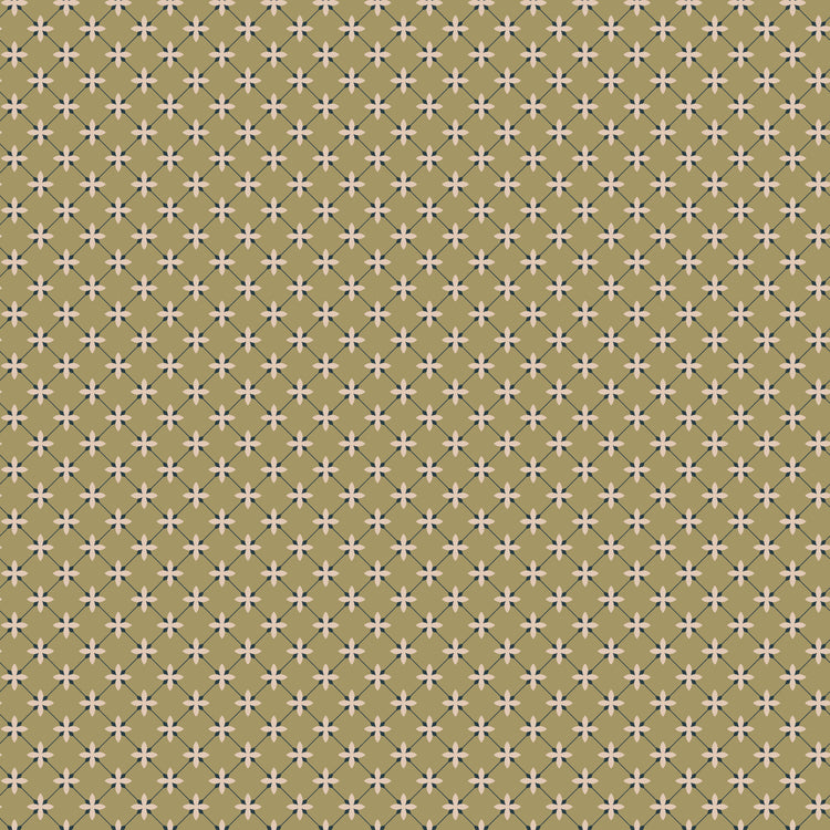Stella Lemongrass fabric with blush flowers and a dark blue-gray diamond lattice on golden olive.
