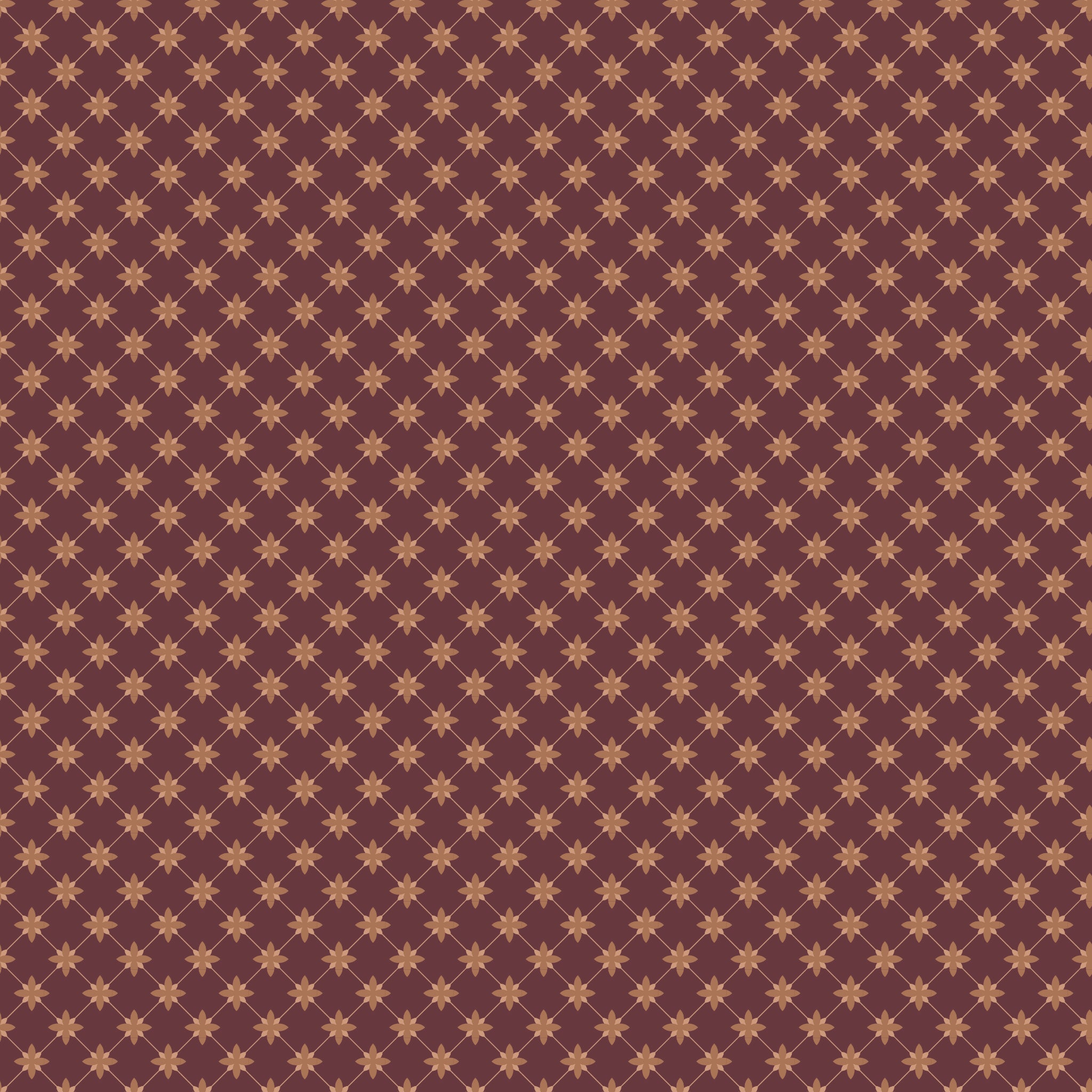 Stella Mahogany fabric with clay-colored four-petal flowers in a diamond lattice on burgundy brown.