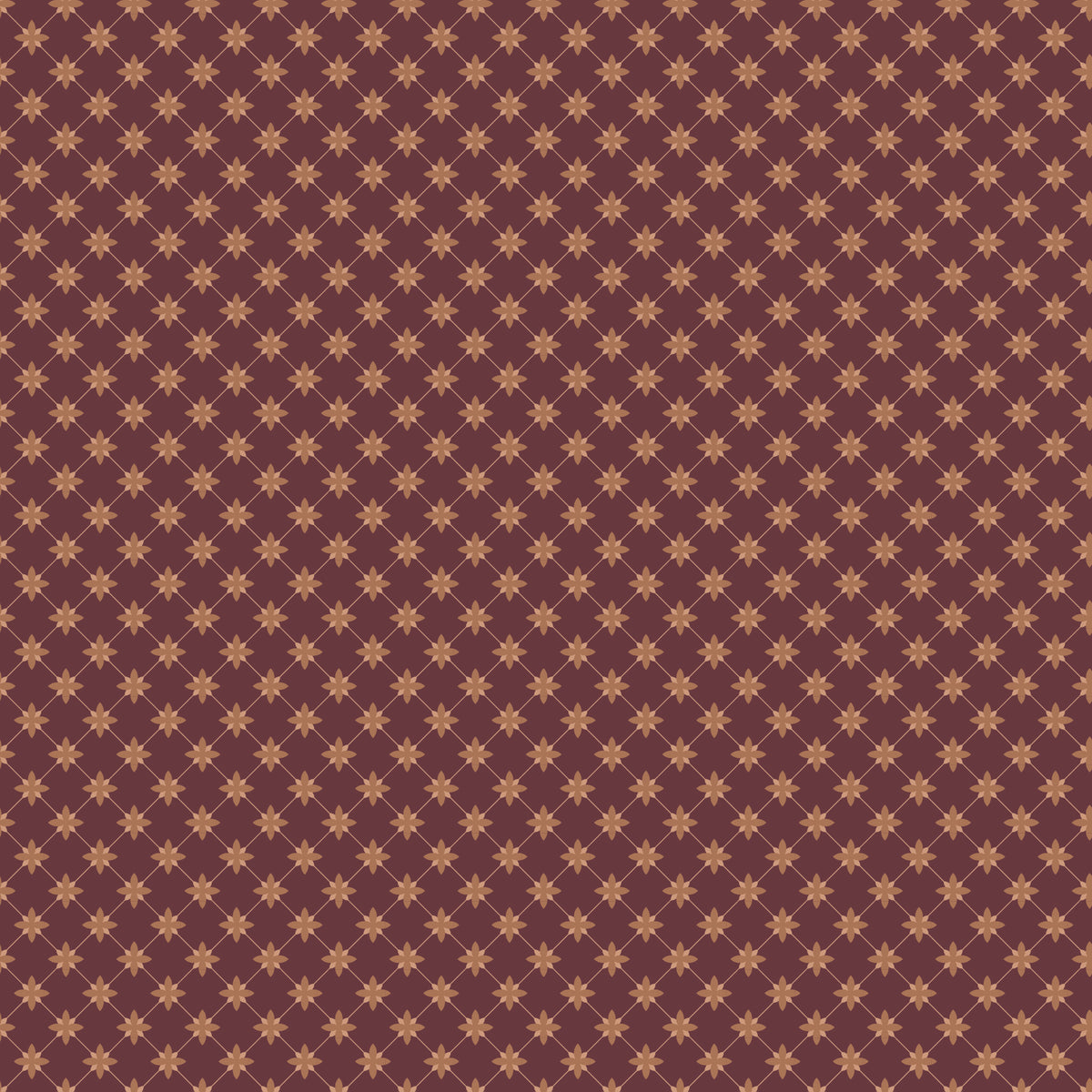 Stella Mahogany fabric with clay-colored four-petal flowers in a diamond lattice on burgundy brown.
