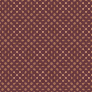 Stella Mahogany fabric with clay-colored four-petal flowers in a diamond lattice on burgundy brown.