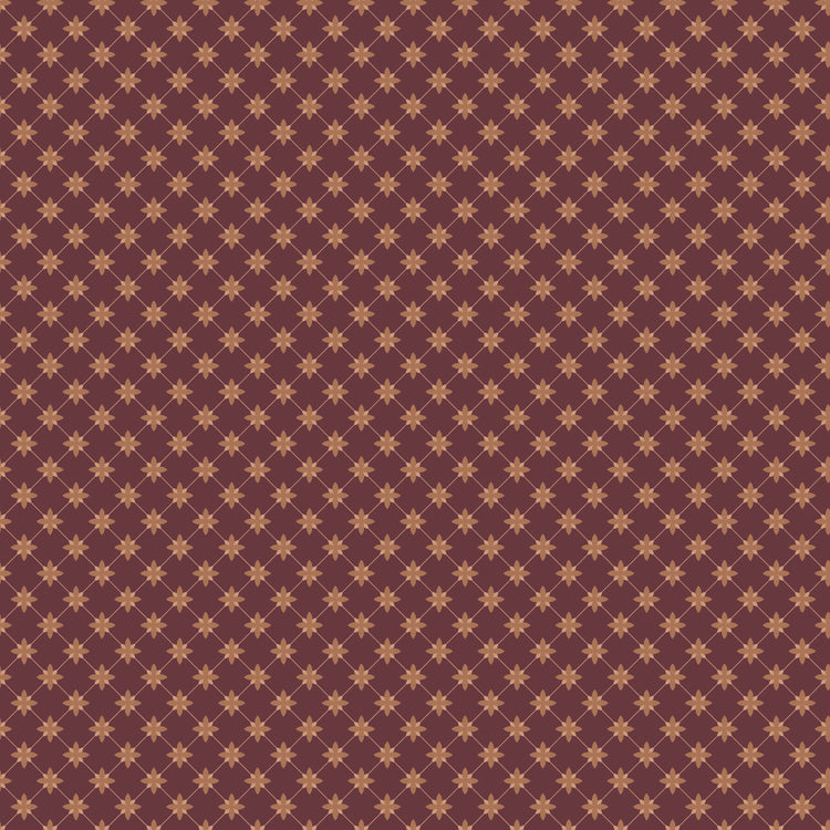 Stella Mahogany fabric with clay-colored four-petal flowers in a diamond lattice on burgundy brown.