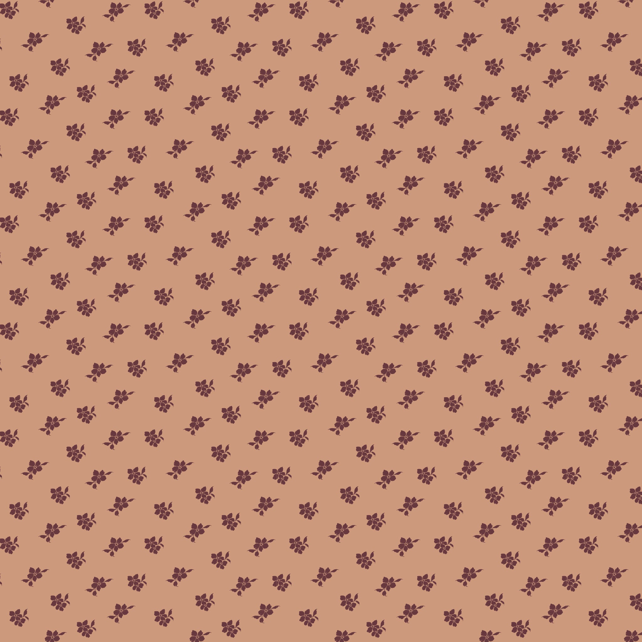 Magnolia Light Clay fabric with small burgundy flower and leaf sprigs scattered on muted peach.