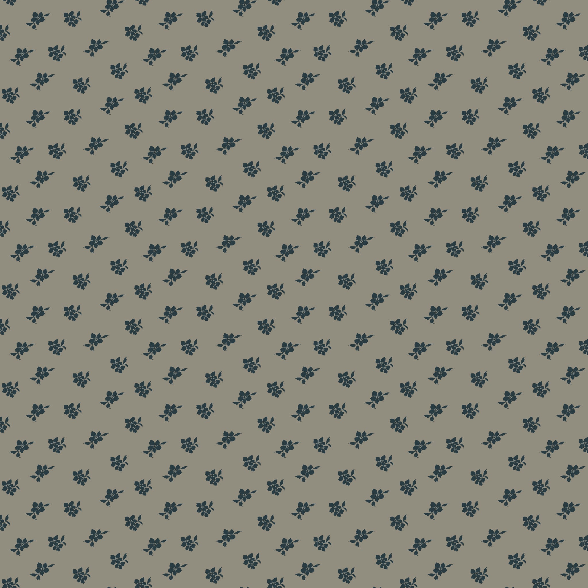 Magnolia Light Gray fabric with small charcoal-blue floral sprigs scattered across a warm gray background.