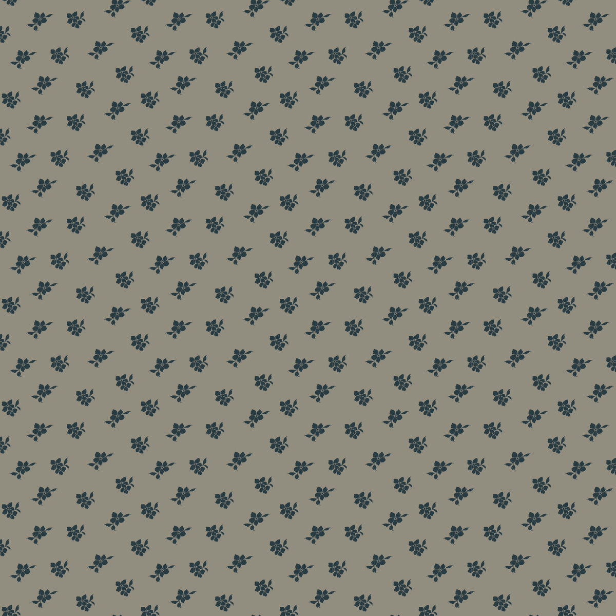 Magnolia Light Gray fabric with small charcoal-blue floral sprigs scattered across a warm gray background.