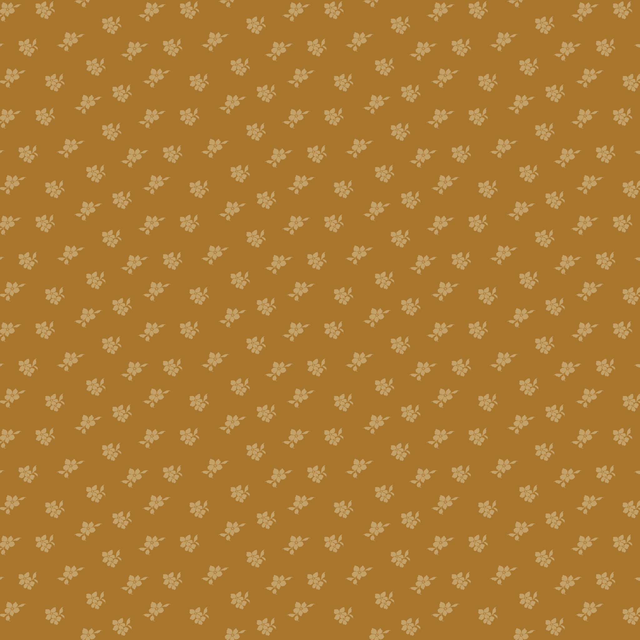 Magnolia Suede fabric with tiny pale golden flowers and leaves scattered on a caramel-brown background.