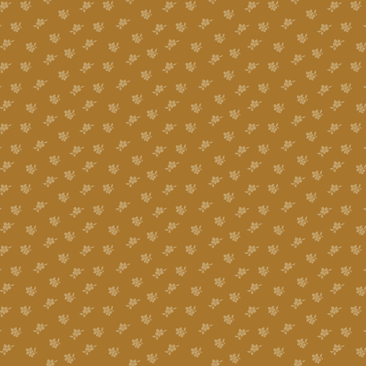 Magnolia Suede fabric with tiny pale golden flowers and leaves scattered on a caramel-brown background.