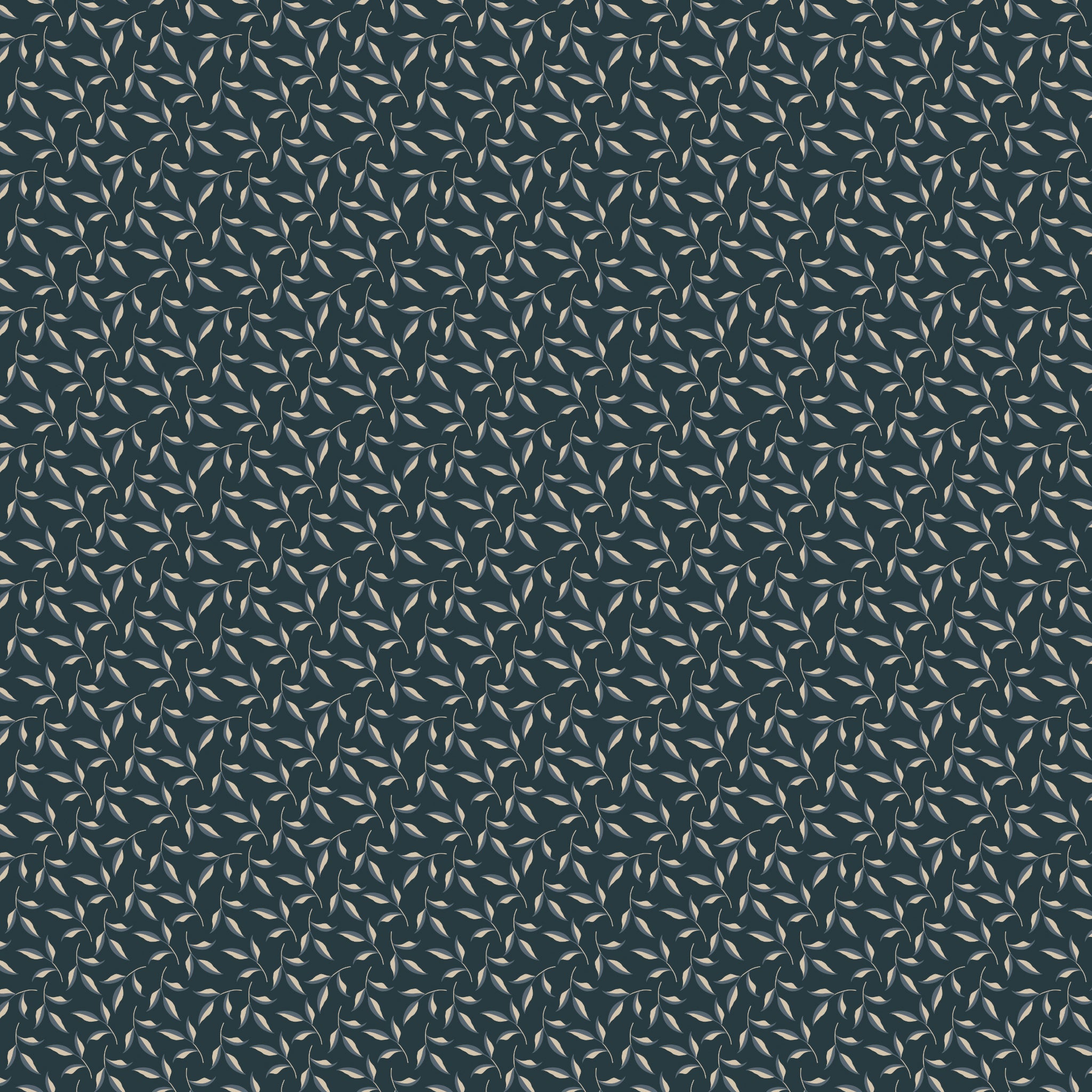 Evergreen Carbon fabric with curling stems and cream and slate-blue leaves on dark charcoal.