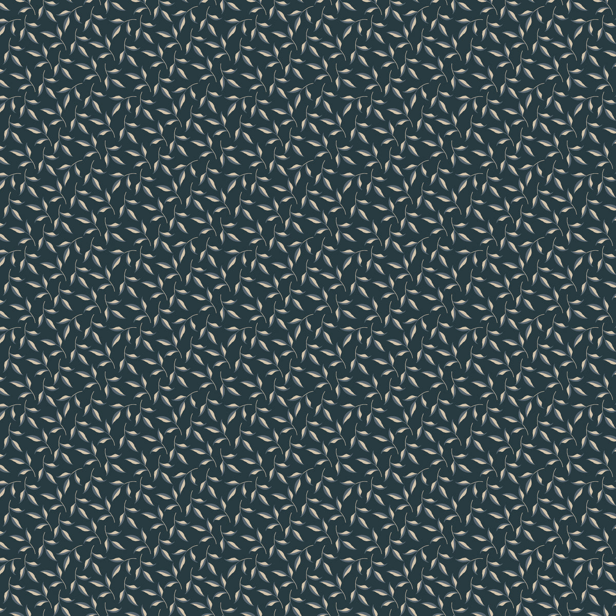 Evergreen Carbon fabric with curling stems and cream and slate-blue leaves on dark charcoal.