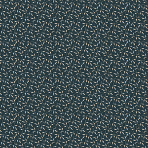 Evergreen Carbon fabric with curling stems and cream and slate-blue leaves on dark charcoal.
