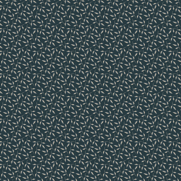 Evergreen Carbon fabric with curling stems and cream and slate-blue leaves on dark charcoal.