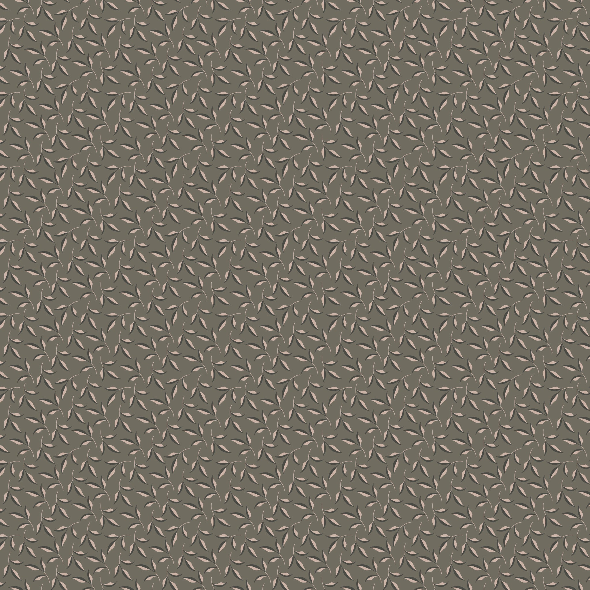 Evergreen Gray fabric with blush-beige leaves, dark gray accents, and winding stems on taupe gray.