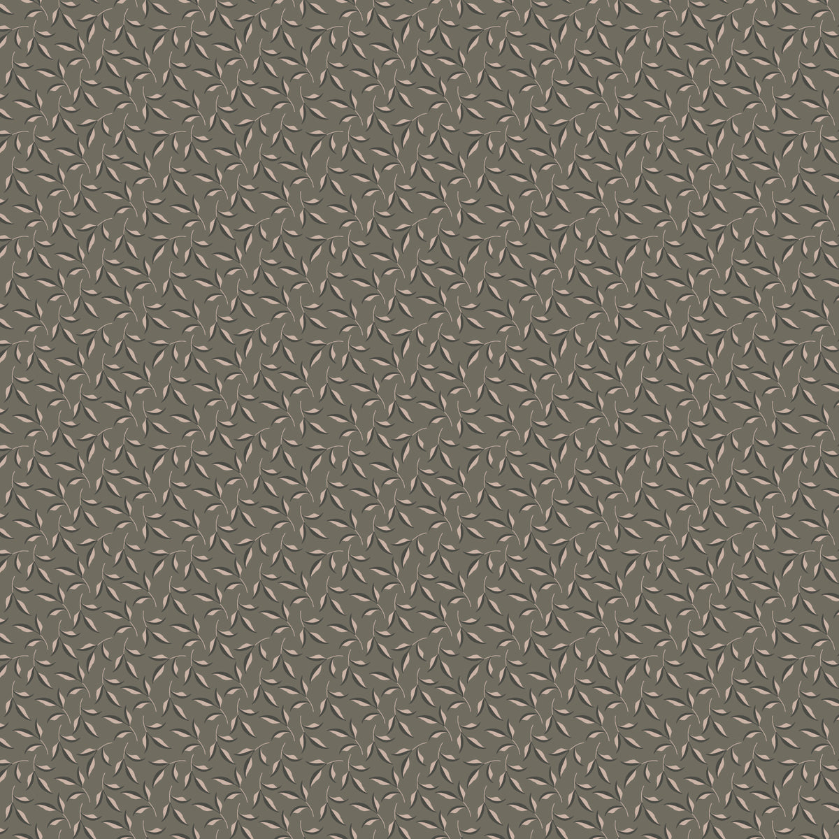 Evergreen Gray fabric with blush-beige leaves, dark gray accents, and winding stems on taupe gray.