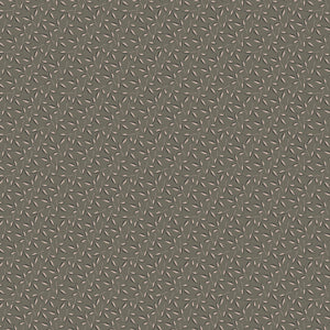 Evergreen Gray fabric with blush-beige leaves, dark gray accents, and winding stems on taupe gray.