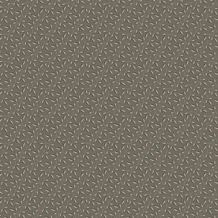 Evergreen Gray fabric with blush-beige leaves, dark gray accents, and winding stems on taupe gray.
